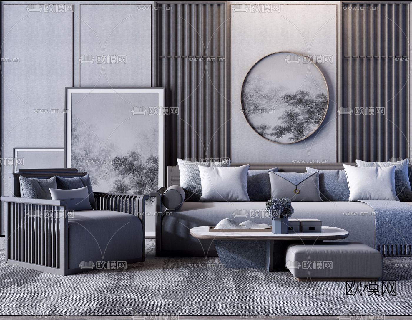 新中式实木布艺沙发组合3d模型-免费3dmax模型库-欧模网