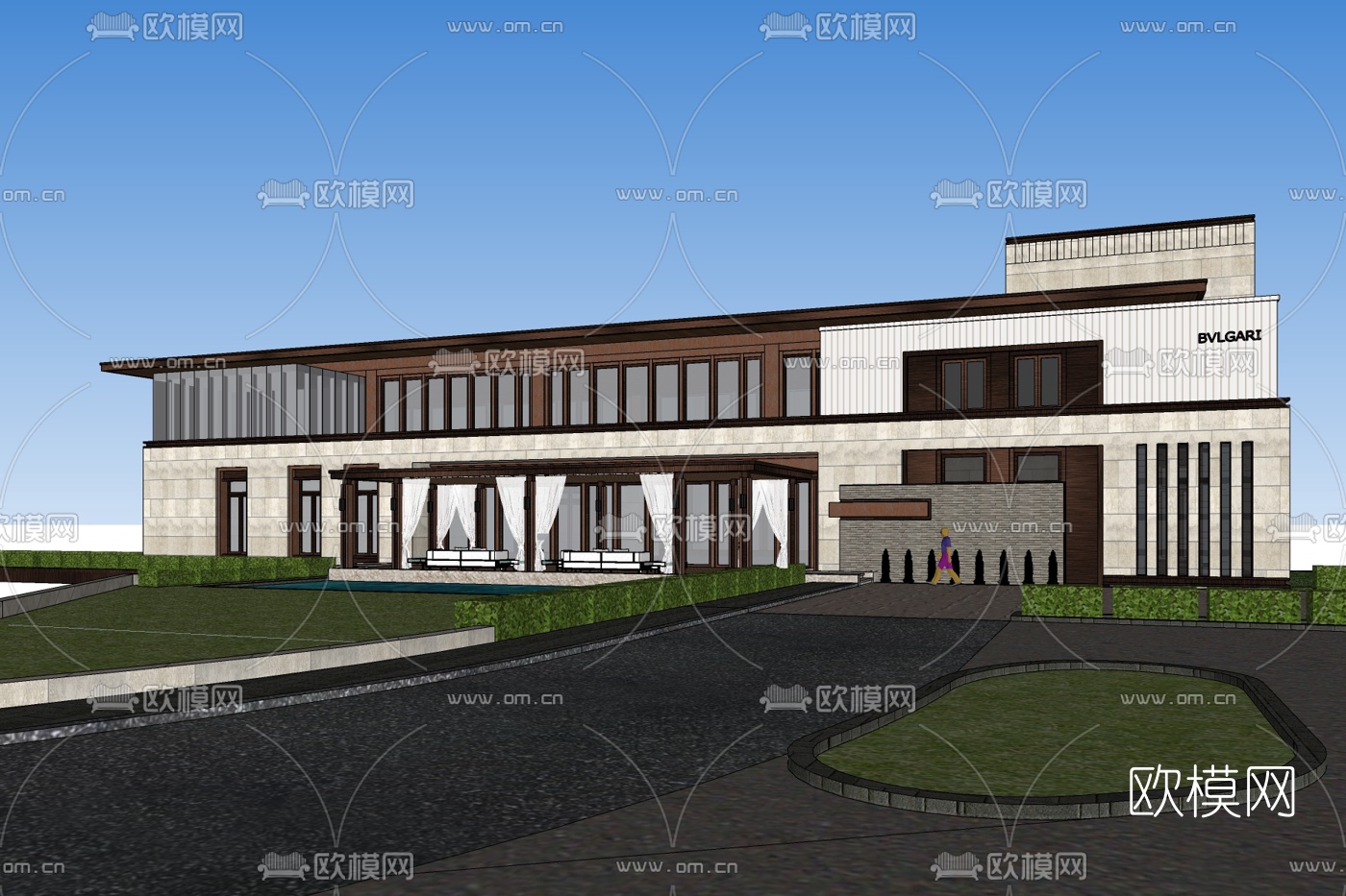 新中式会所外观免费su模型-免费3dmax模型库-欧模网