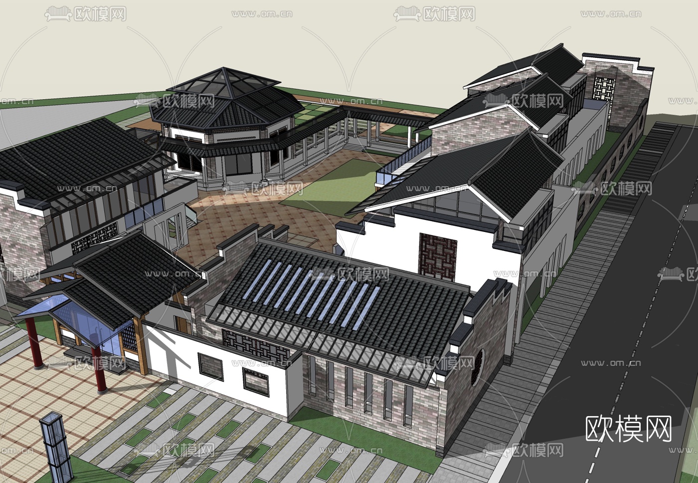 新中式别墅外观免费su模型-免费3dmax模型库-欧模网
