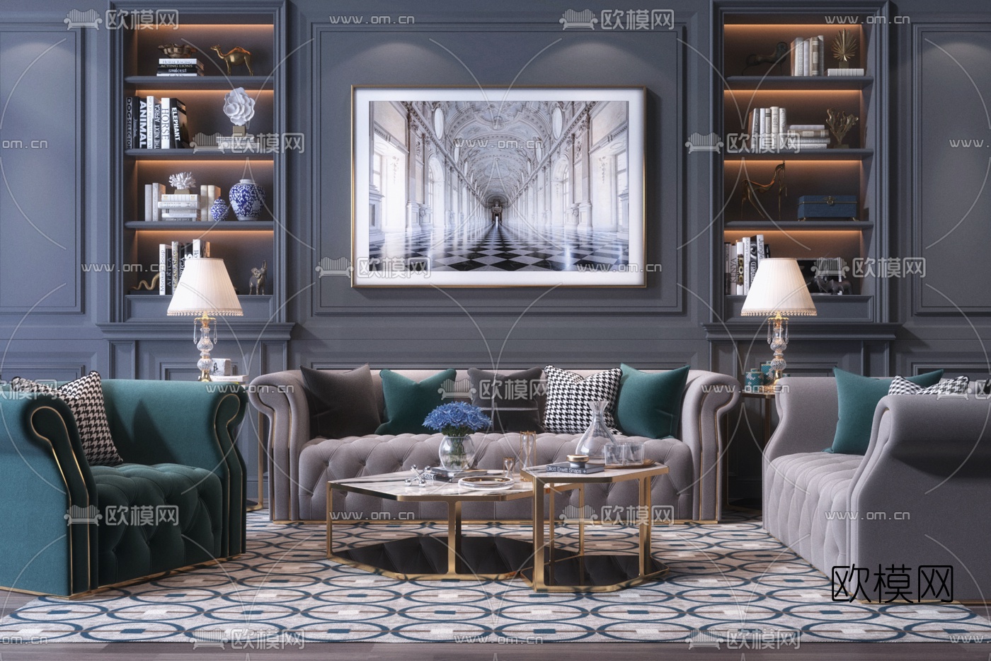 美式轻奢布艺沙发组合3d模型下载