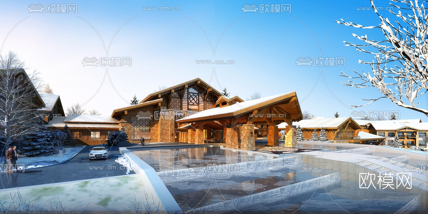 自然风度假酒店外观雪景3d模型下载