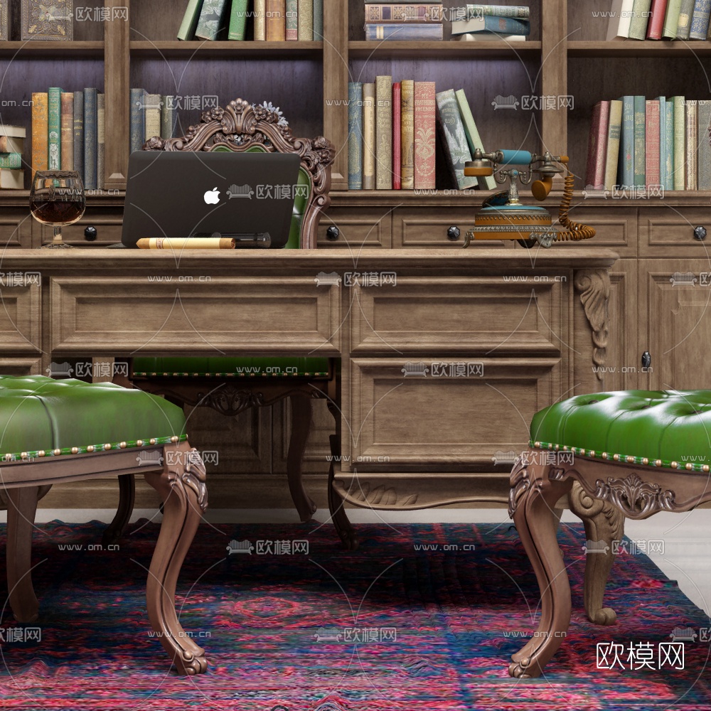 美式实木书柜书桌椅3d模型下载（渲染图4）