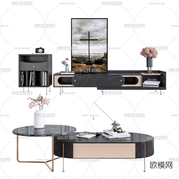 现代实木电视柜茶几3d模型下载