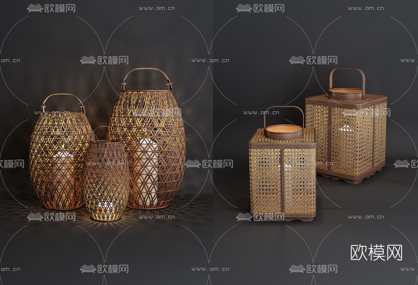 新中式藤编灯笼烛台灯3d模型