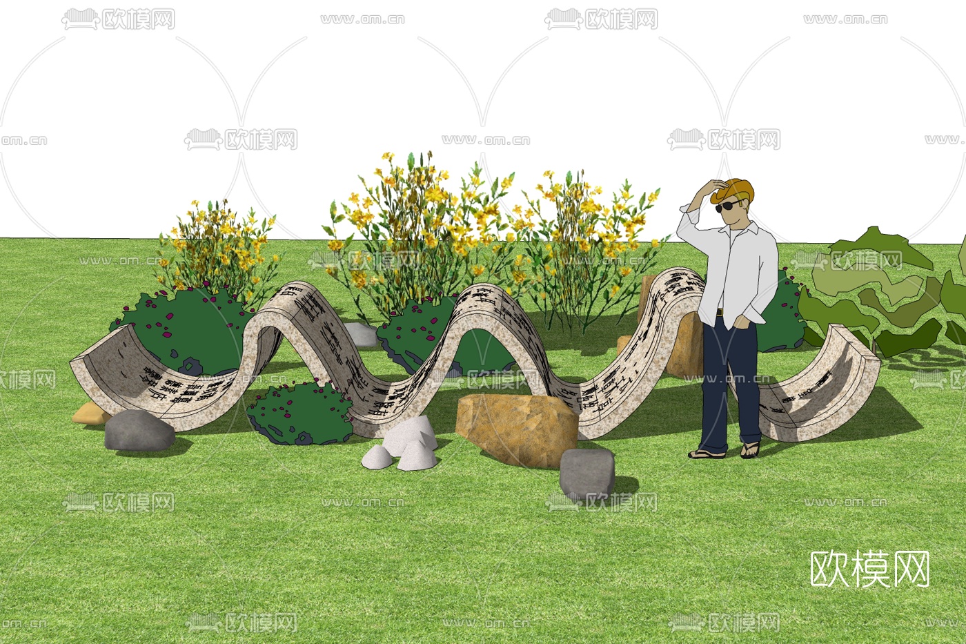 中式文字雕塑小品免费su模型下载