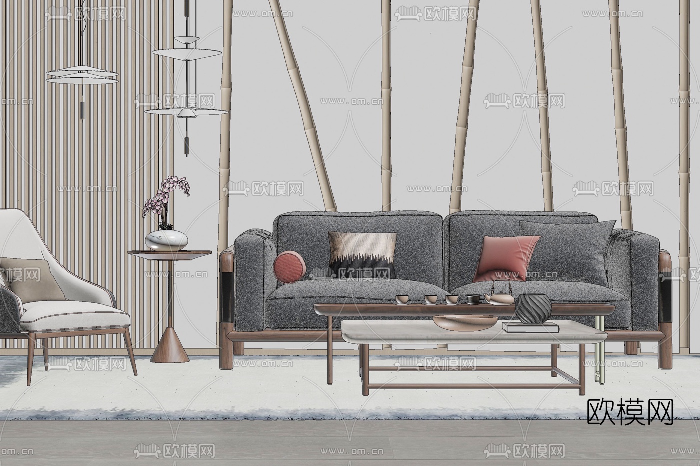 新中式布艺沙发组合su模型下载（渲染图2）