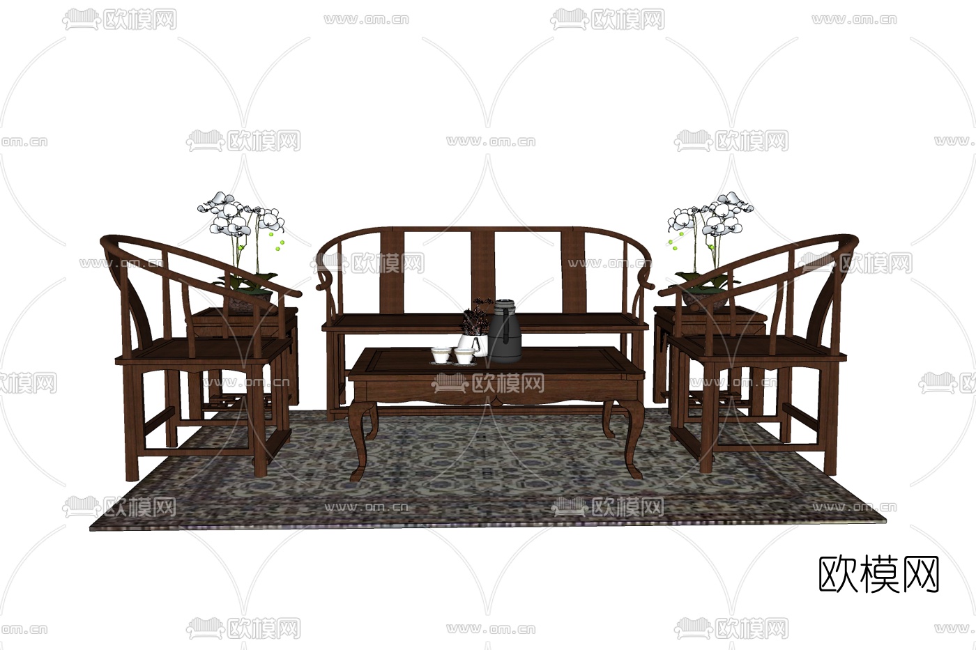 中式实木组合沙发免费su模型下载