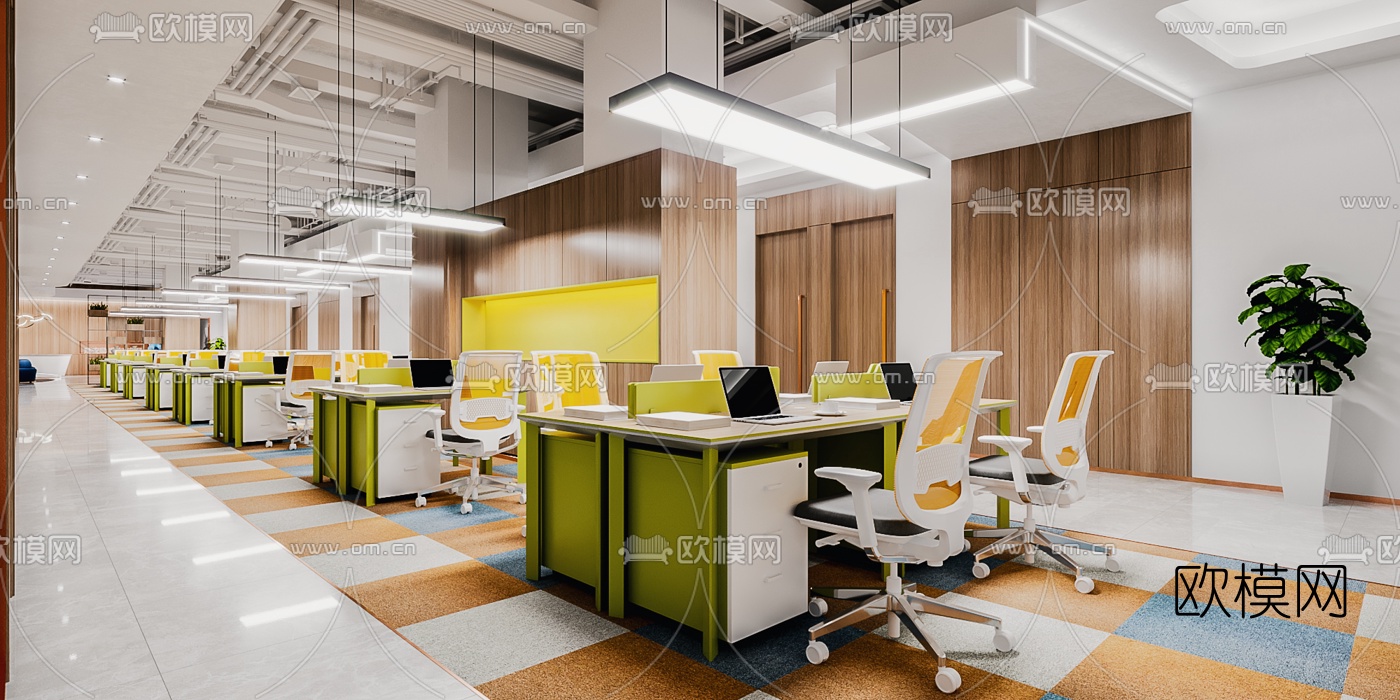现代敞开式办公室3d模型下载（渲染图1）