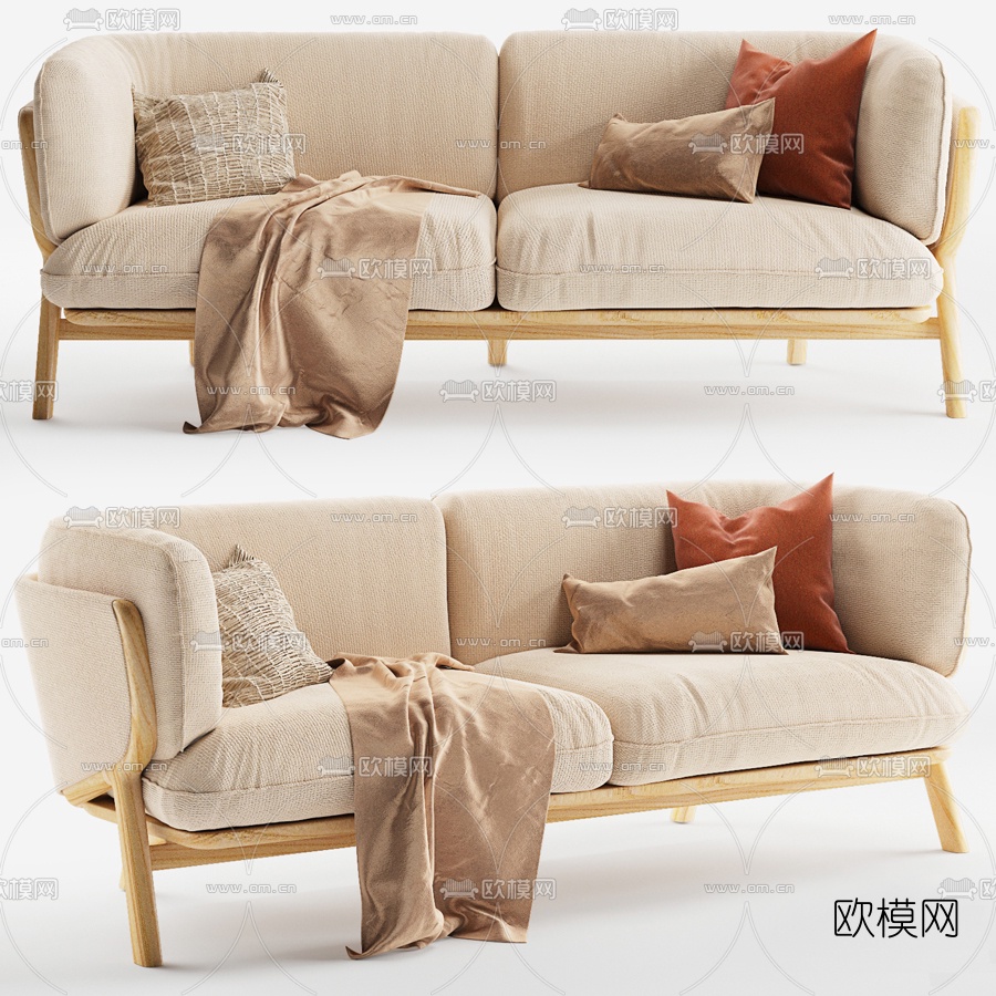 北欧布艺双人沙发3d模型下载（渲染图1）