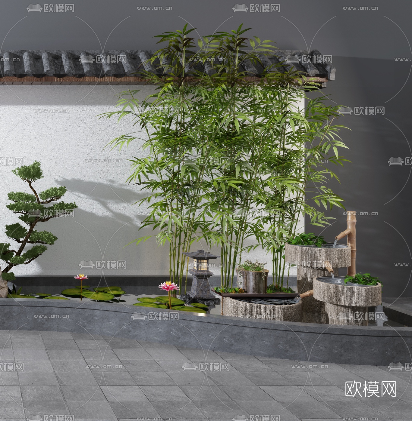 新中式庭院假山竹子景观小品3d模型下载（渲染图2）