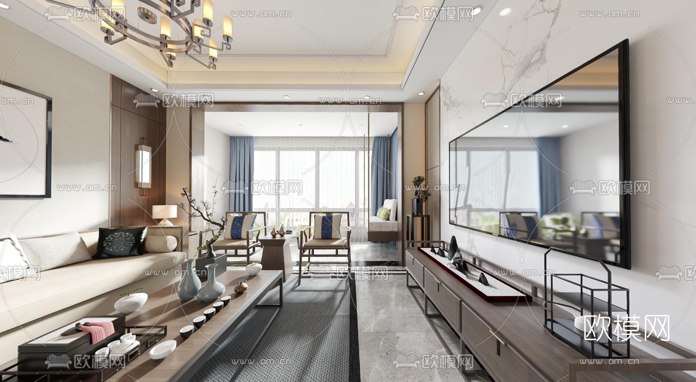 新中式客厅餐厅vr全景3d模型