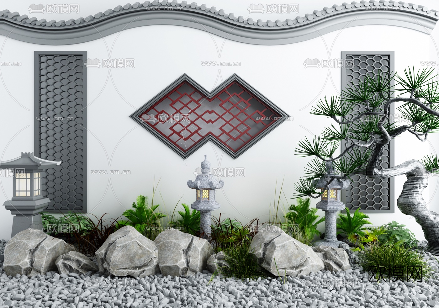 新中式庭院景观小品3d模型下载