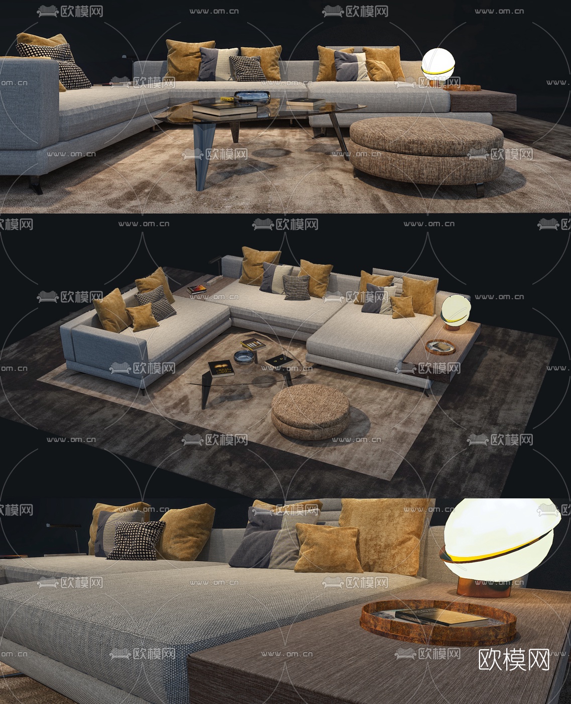 现代拐角沙发茶几组合3D模型-室内设计-拓者设计吧