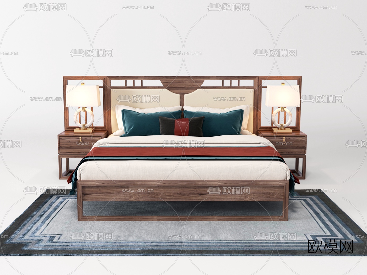 新中式布艺双人床3d模型下载（渲染图1）