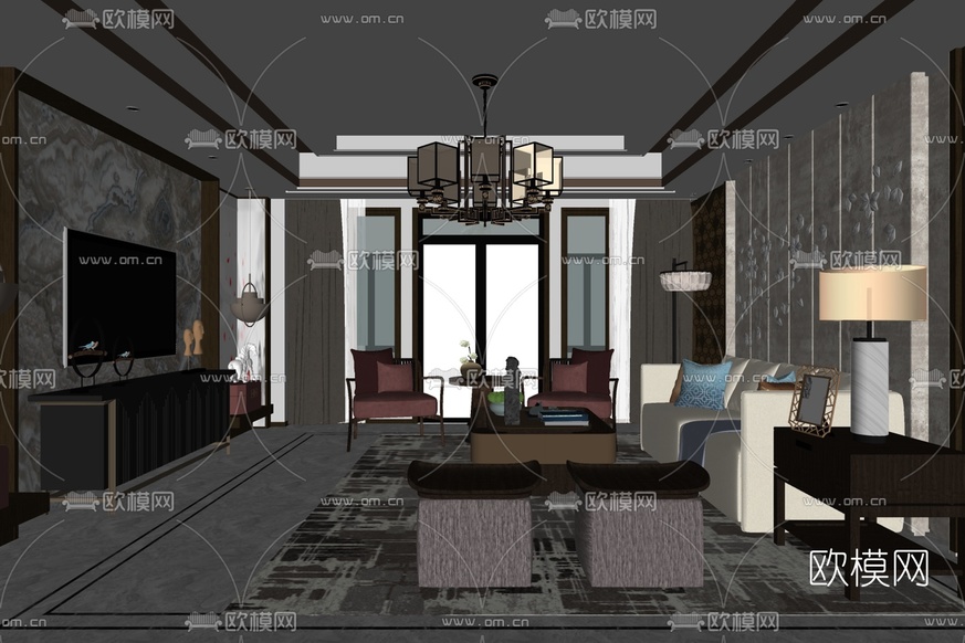 新中式客厅免费su模型下载_ID10469238_sketchup模型下载-欧模网