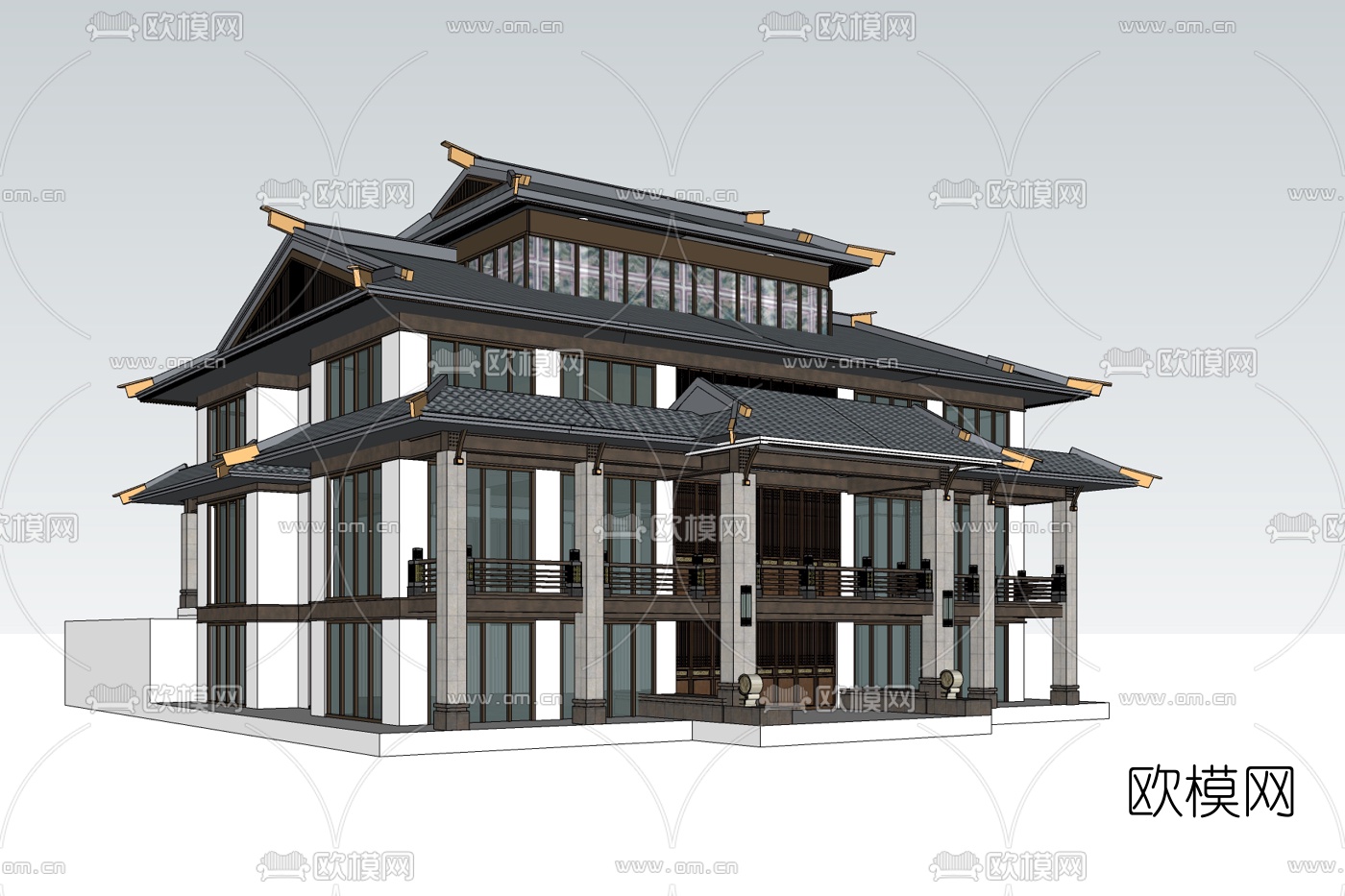 新中式别墅外观免费su模型-免费3dmax模型库-欧模网