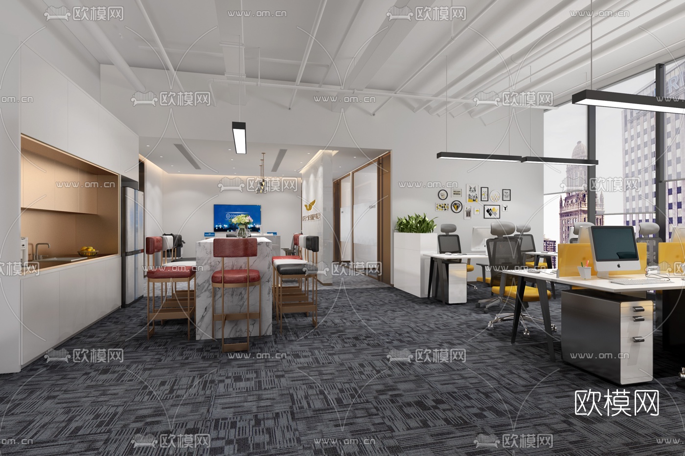 现代敞开式办公区3d模型-免费3dmax模型库-欧模网