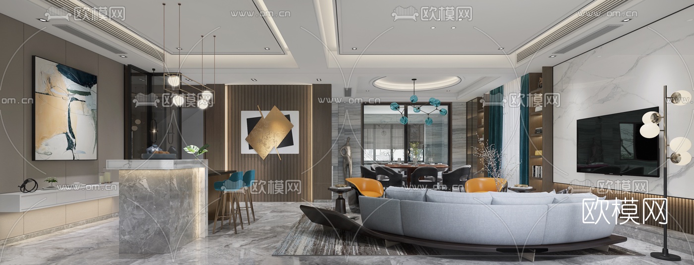 现代轻奢客厅餐厅3d模型