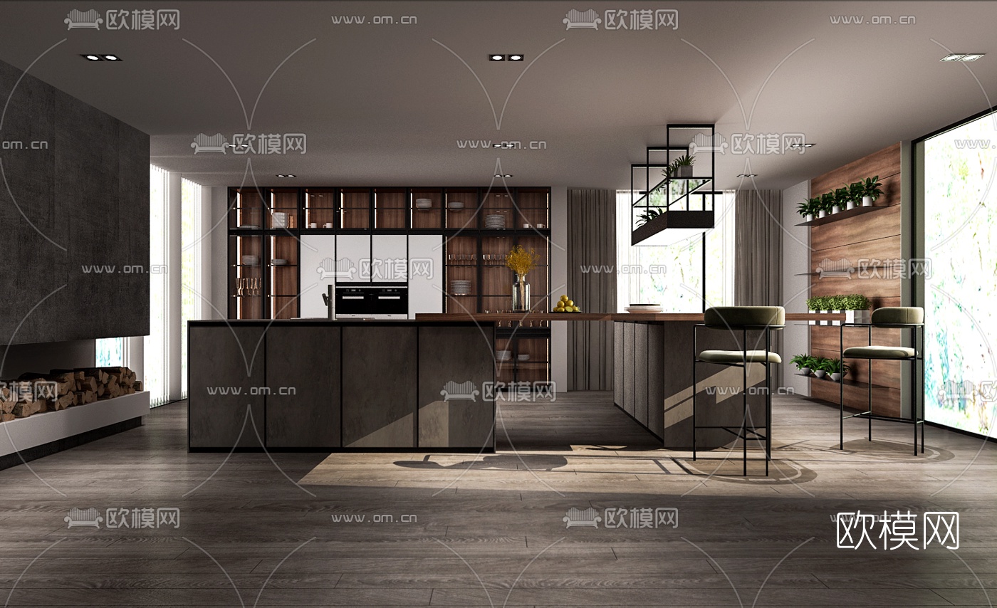 现代开放式吧台厨房3d模型