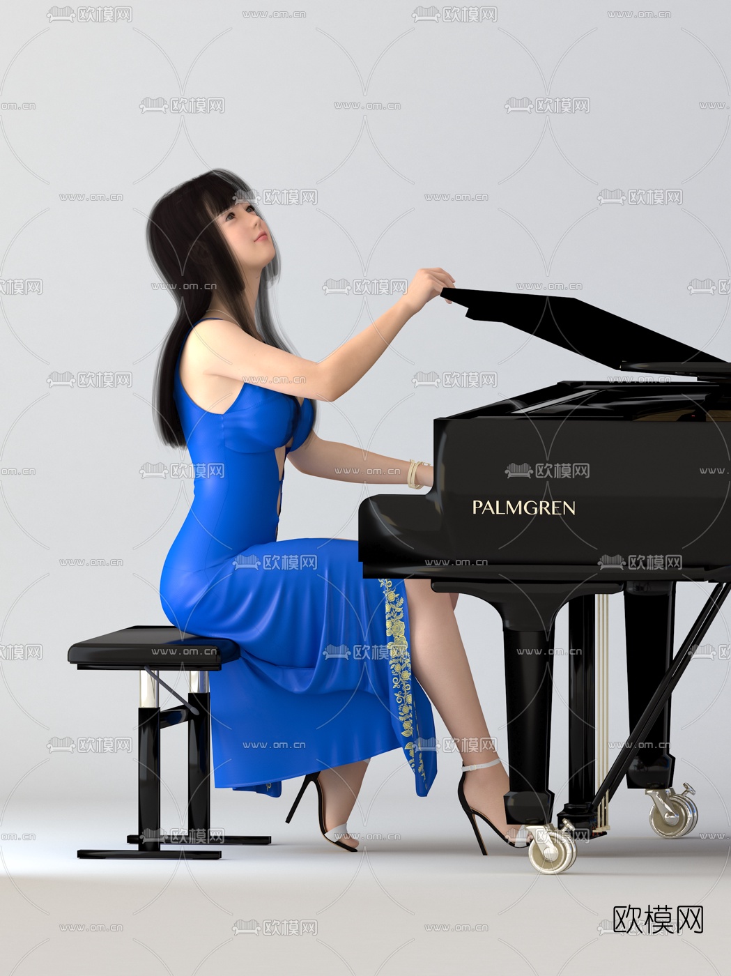现代弹钢琴的女郎3d模型下载（渲染图1）