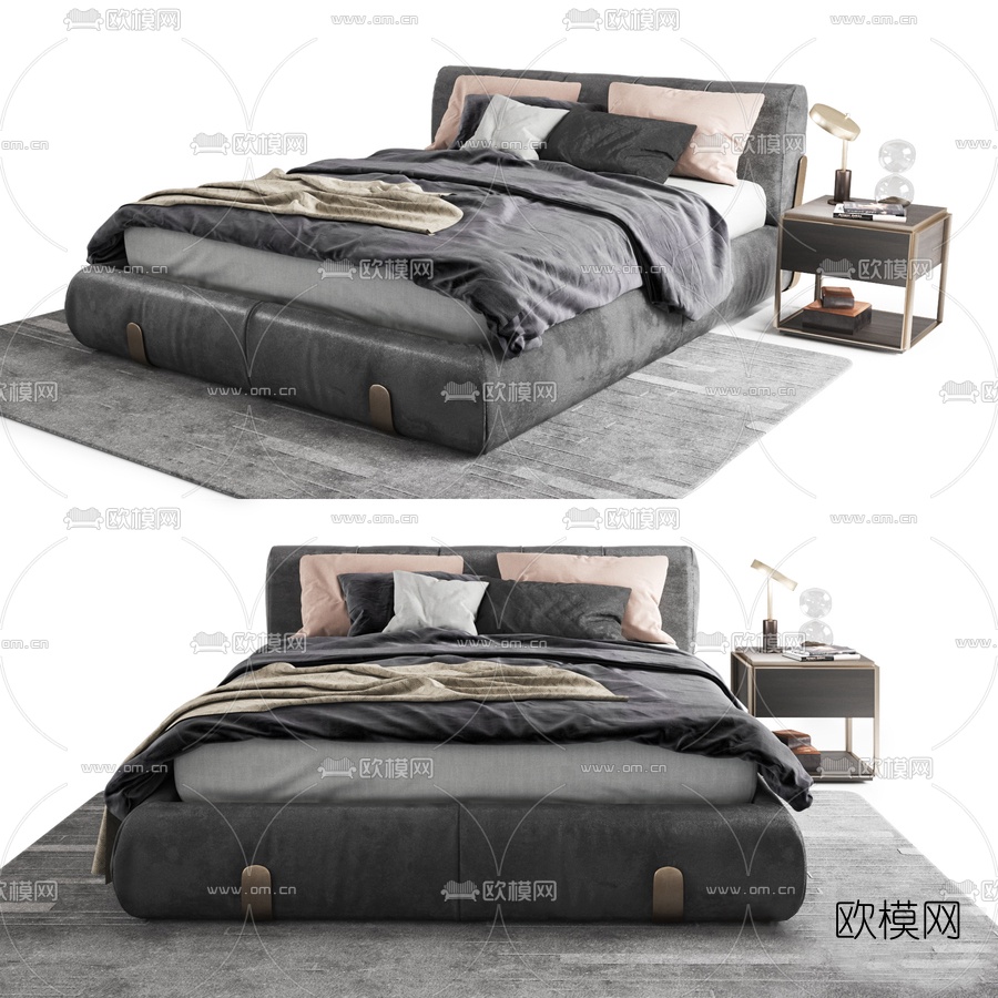 现代布艺双人床3d模型下载（渲染图1）