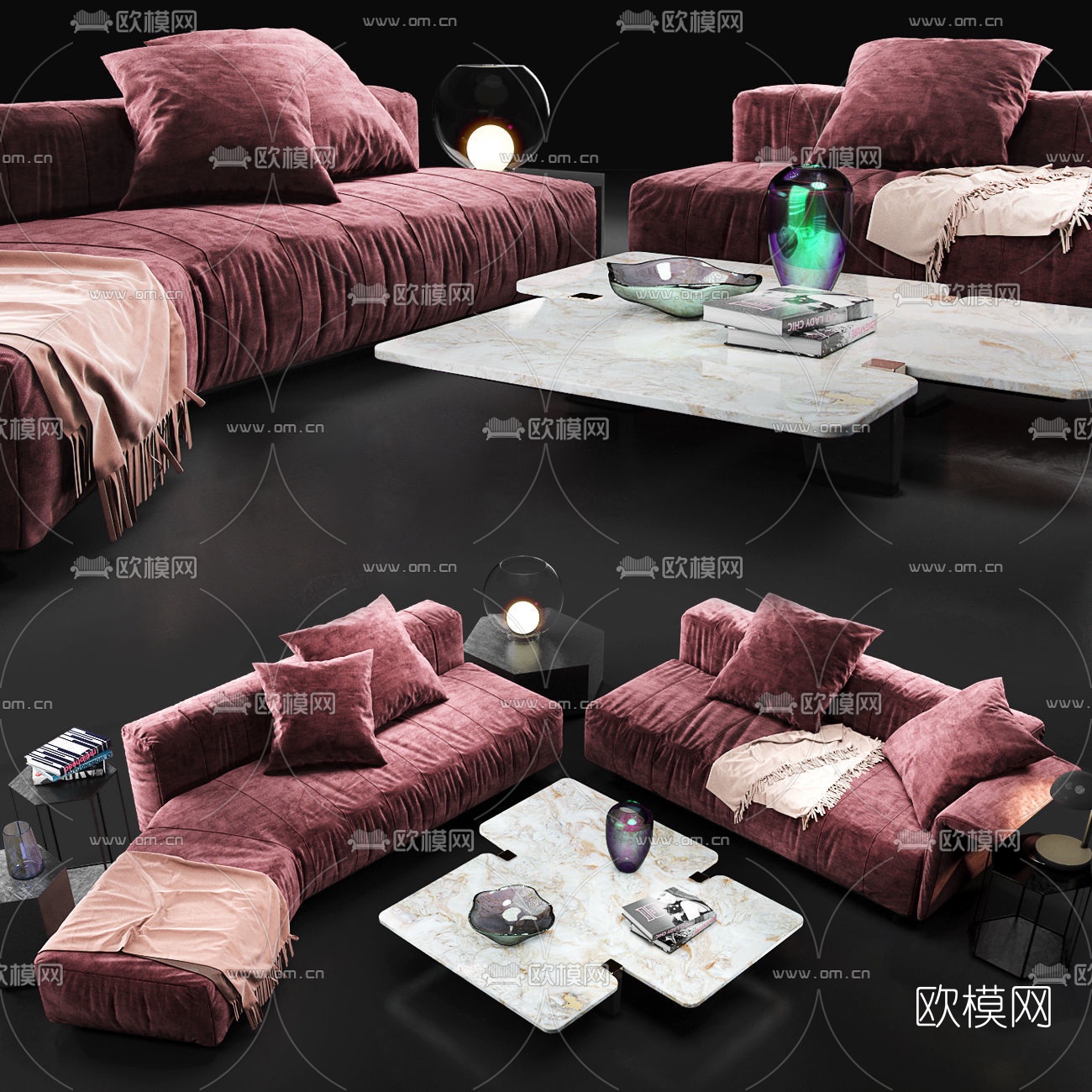 现代布艺拐角沙发组合3d模型-免费3dmax模型库-欧模网