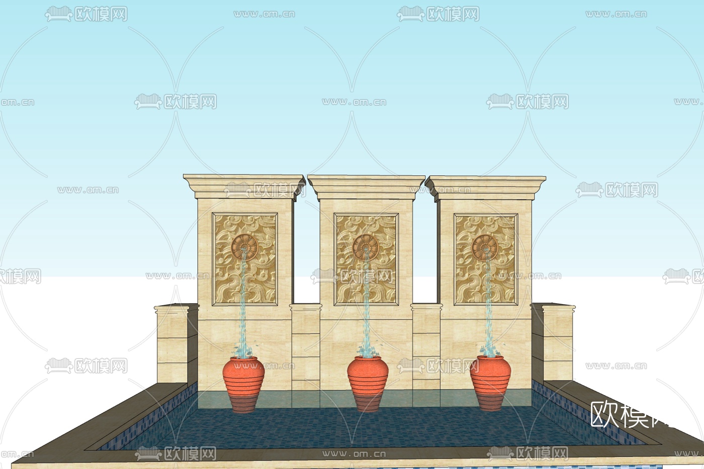 欧式景墙喷泉水景免费su模型下载