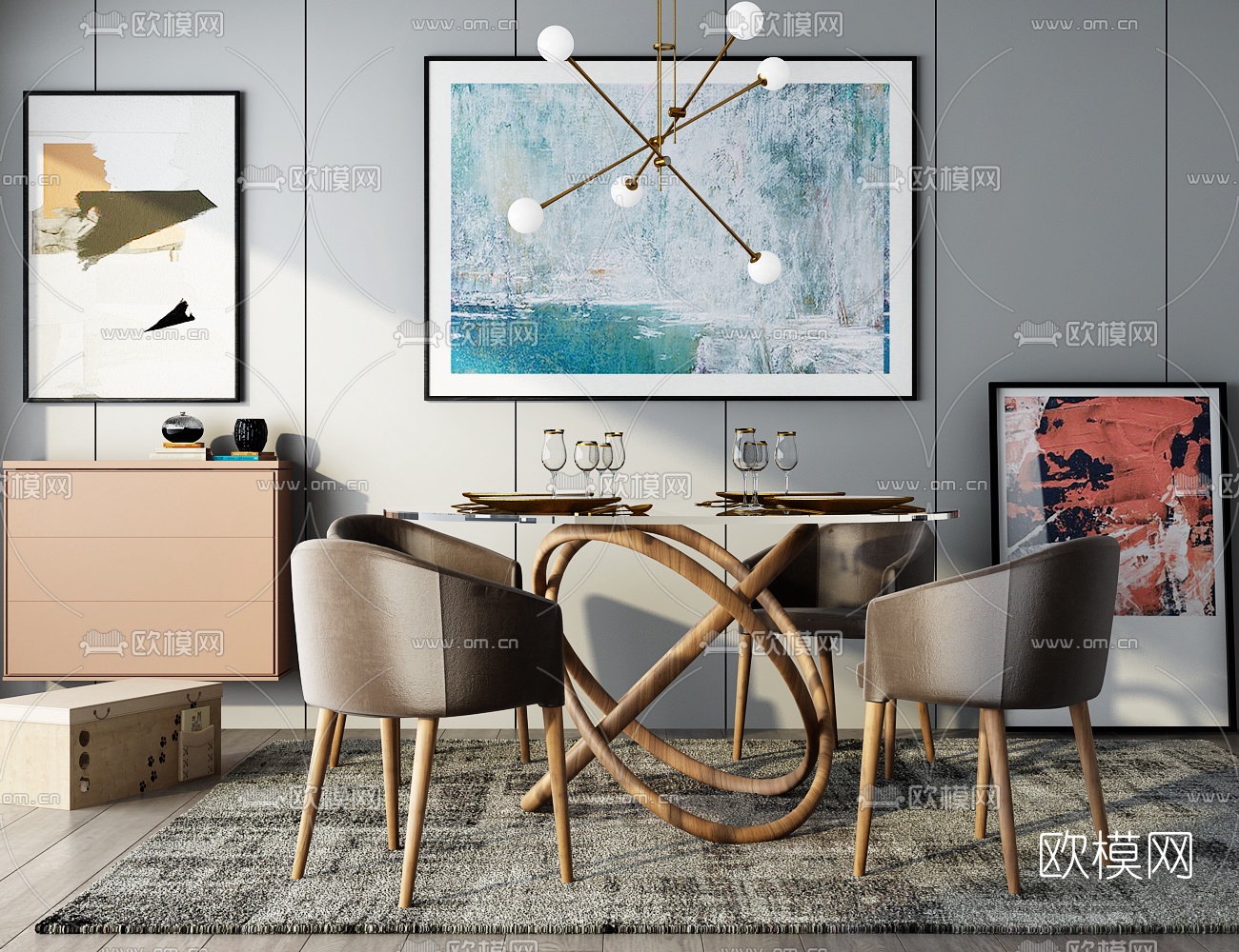 后现代圆形餐桌椅3d模型下载