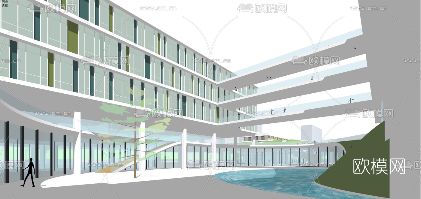现代学校教学楼外观su模型下载（渲染图5）