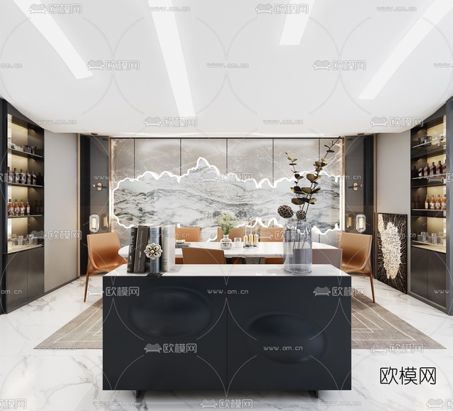 新中式简约玄关餐厅3d模型下载(渲染图2)