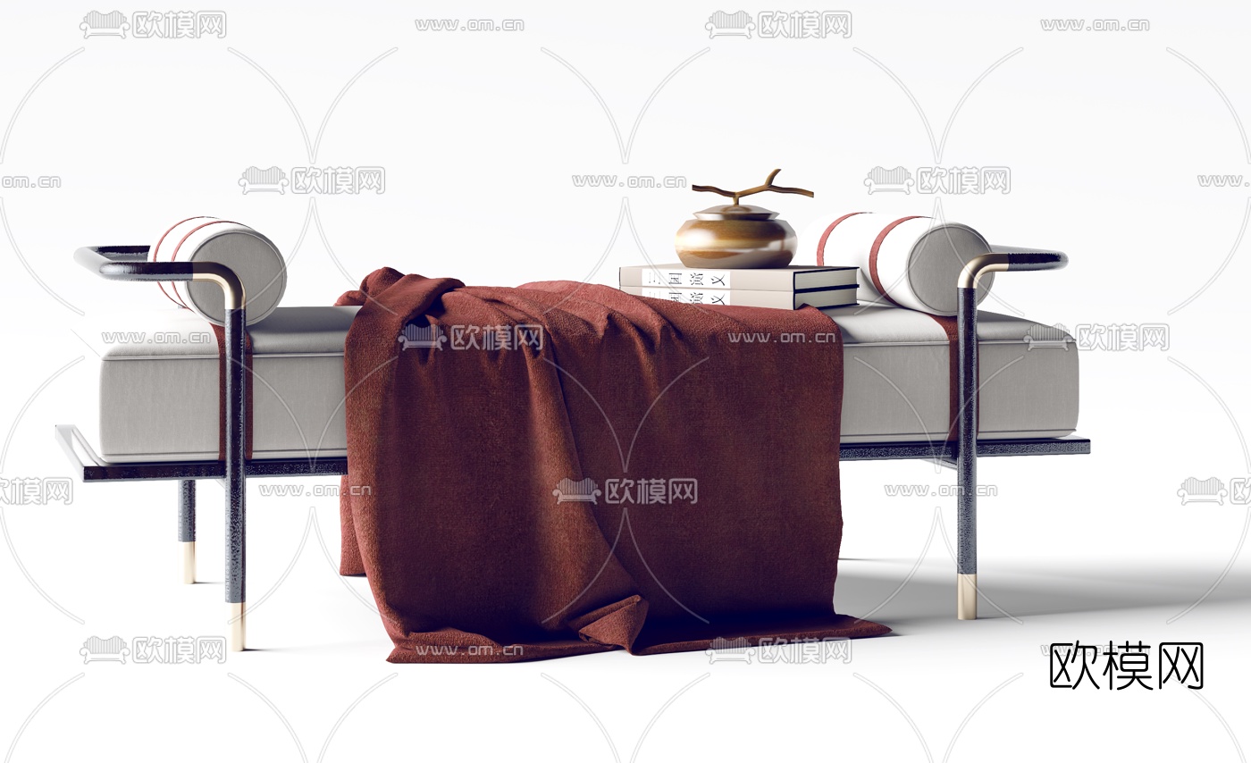 新中式布艺床尾凳3d模型下载（渲染图3）