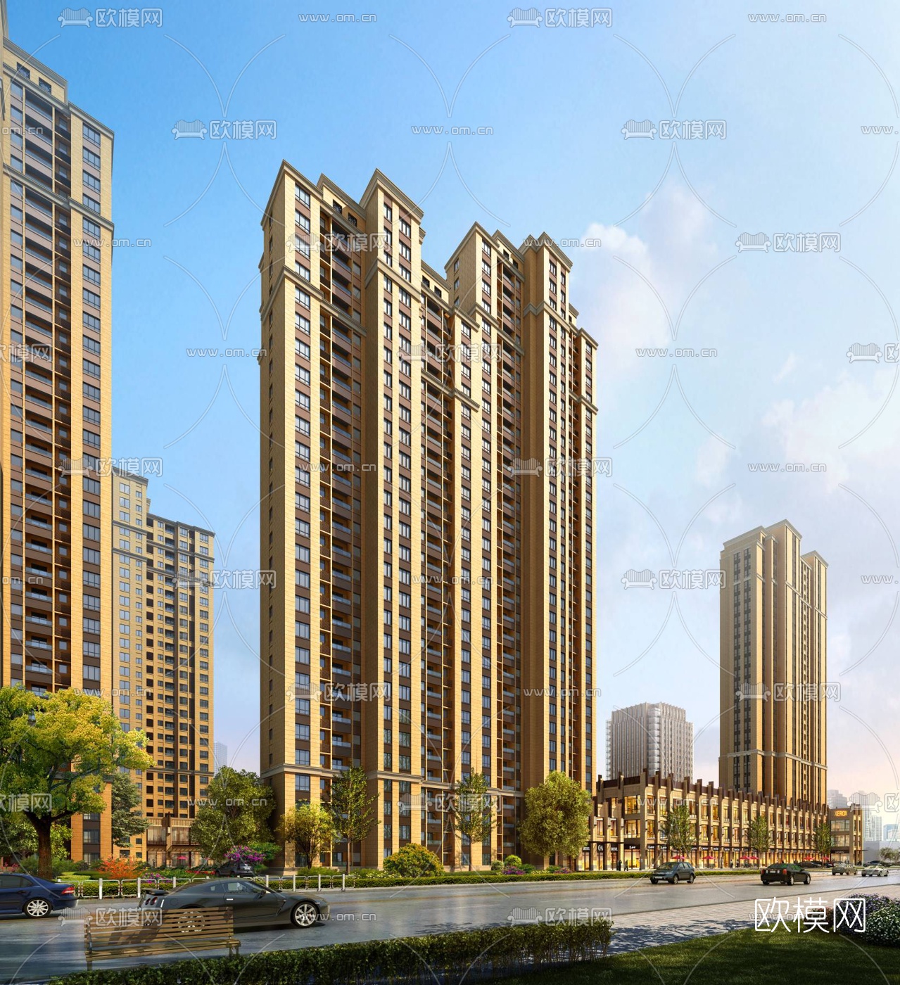 简欧高层住宅小区鸟瞰3d模型下载（渲染图3）