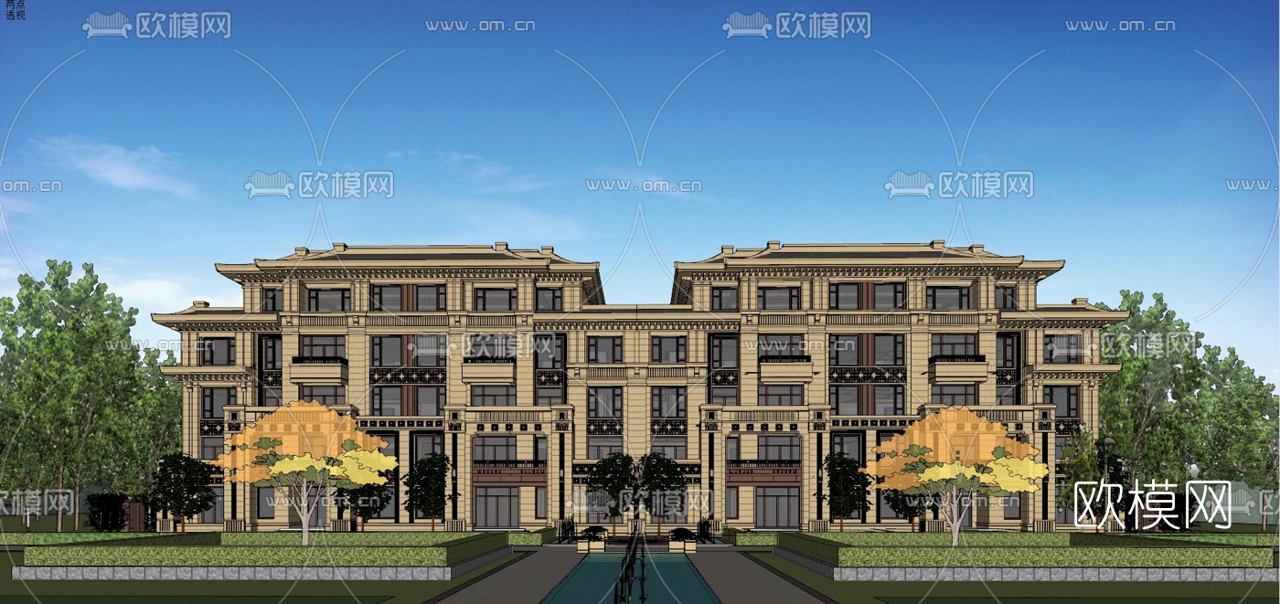 新中式联排别墅su模型下载（渲染图3）