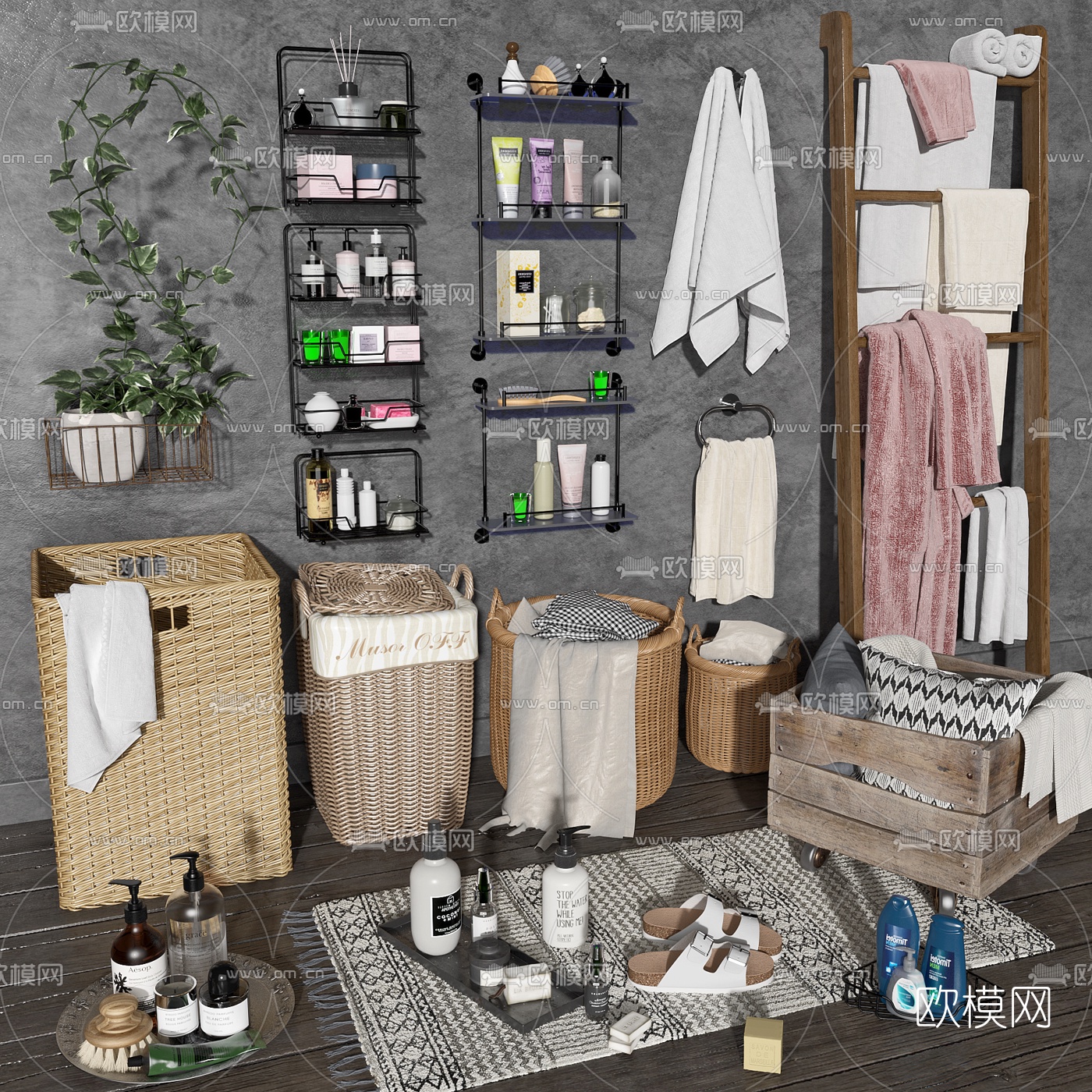 北欧卫浴用品衣篓毛巾架3d模型下载