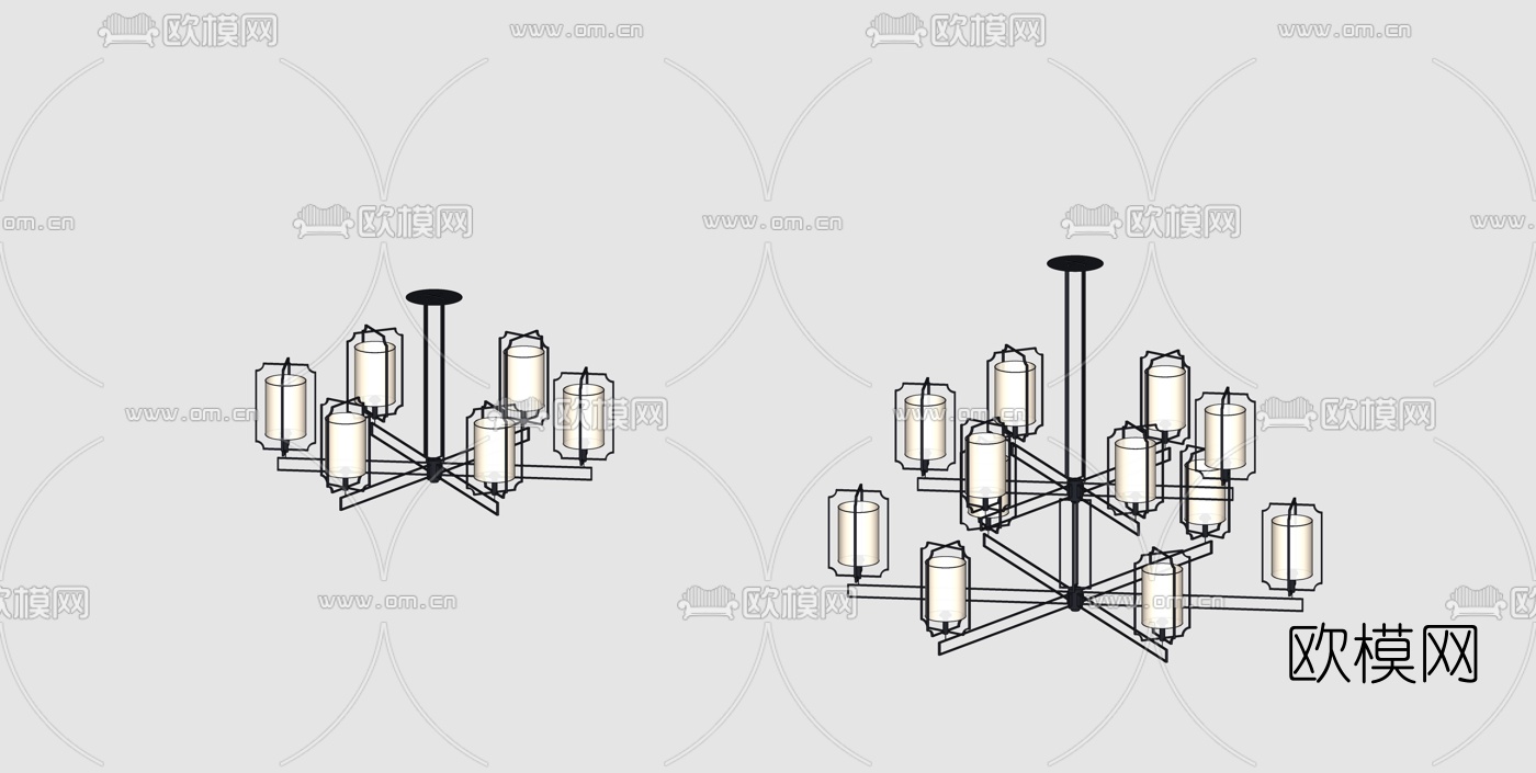 新中式多头吊灯su模型下载