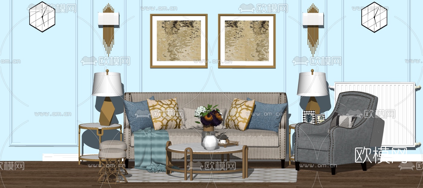 简美布艺沙发组合su模型下载
