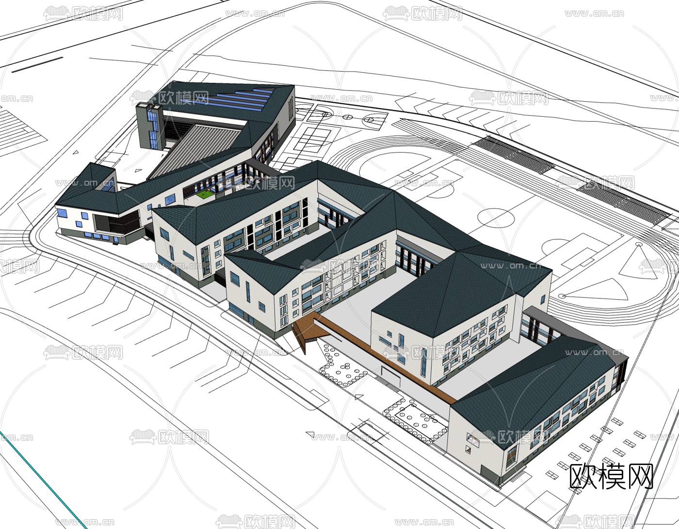 新中式教学楼免费su模型下载