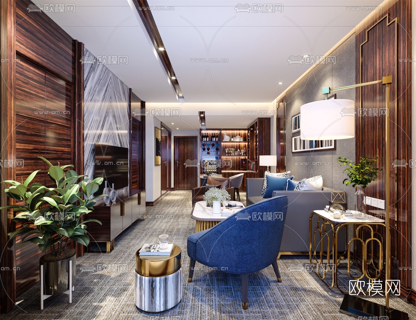 现代轻奢酒店客房套间3d模型下载（渲染图1）