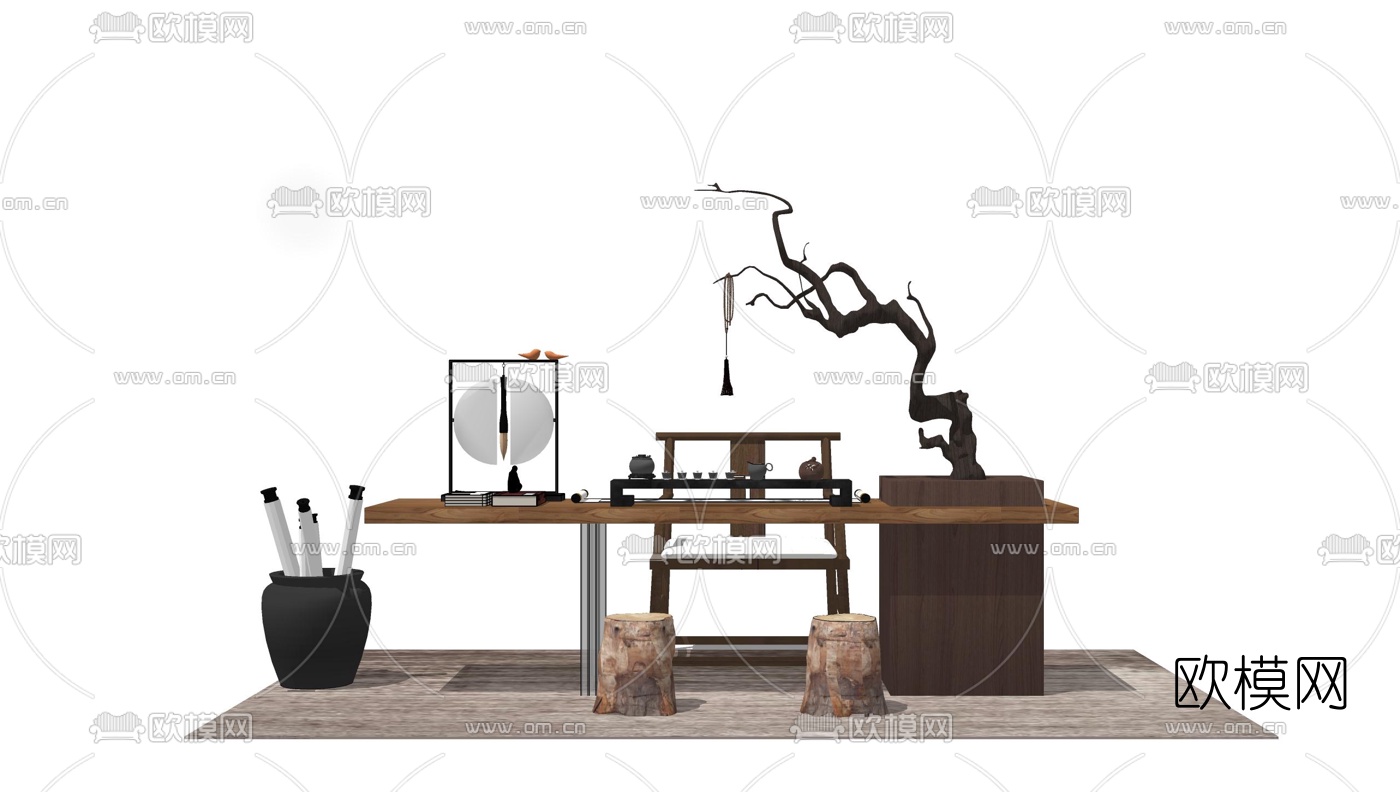 中式实木书桌椅茶桌椅su模型下载