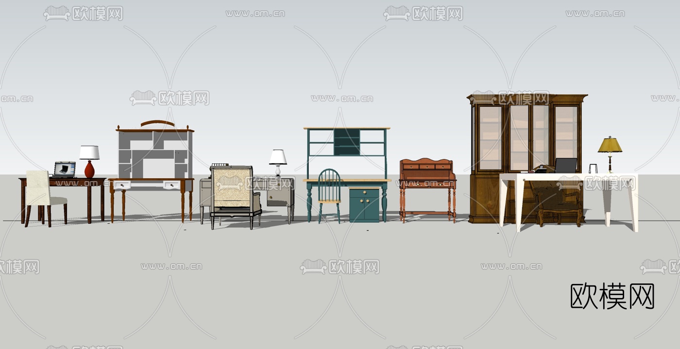 欧式书桌椅组合su模型下载