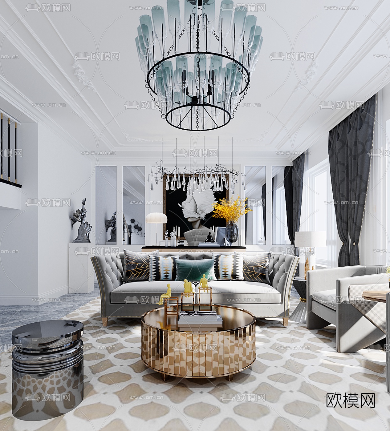 欧式客厅餐厅3d模型下载（渲染图1）