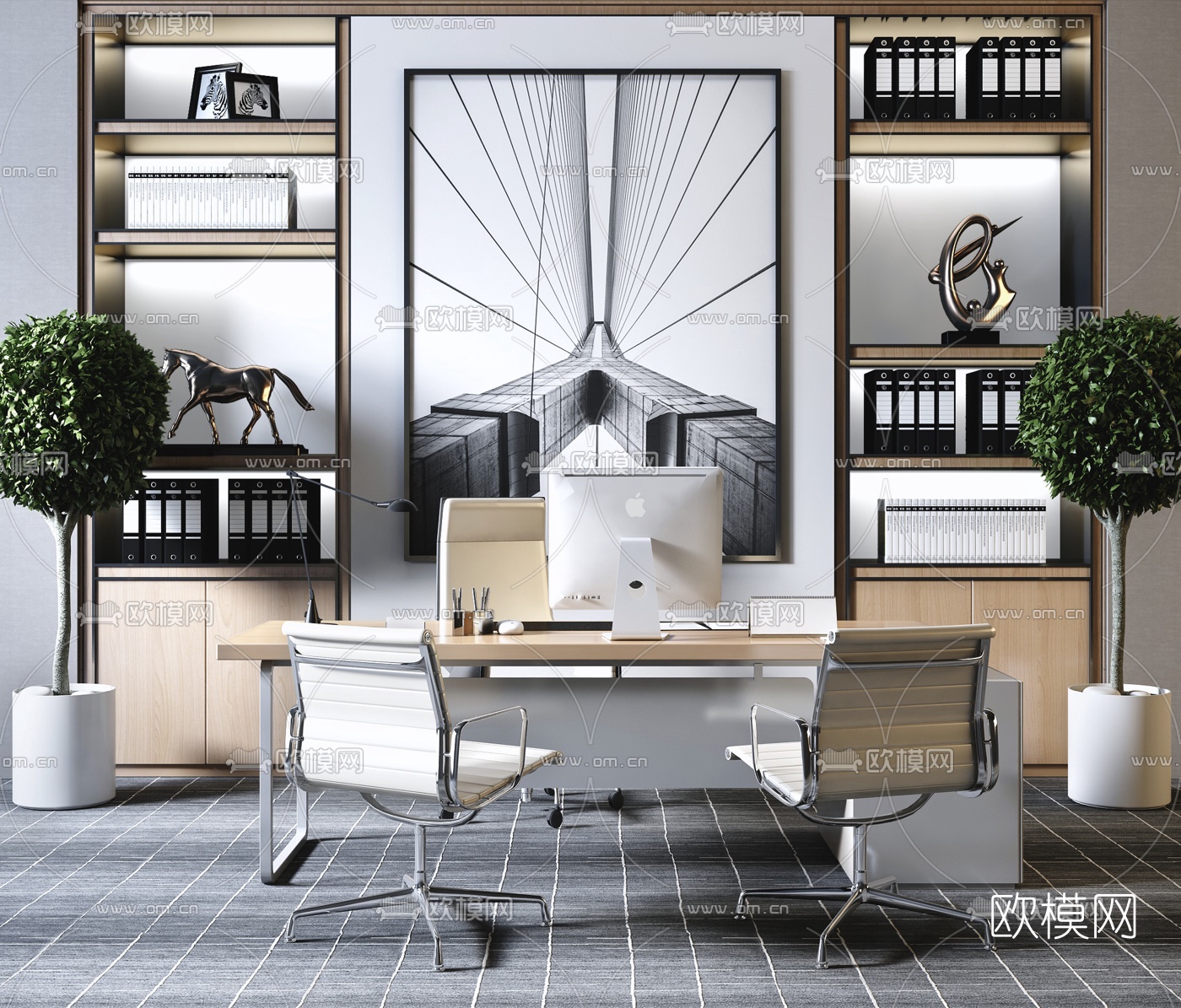 现代办公班台桌椅3d模型下载