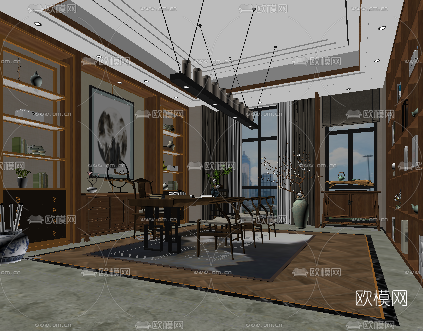 新中式书房su模型下载