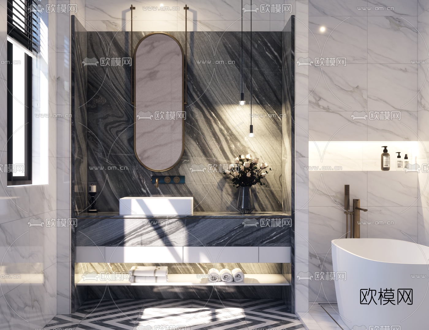 现代轻奢浴室su模型下载（渲染图1）