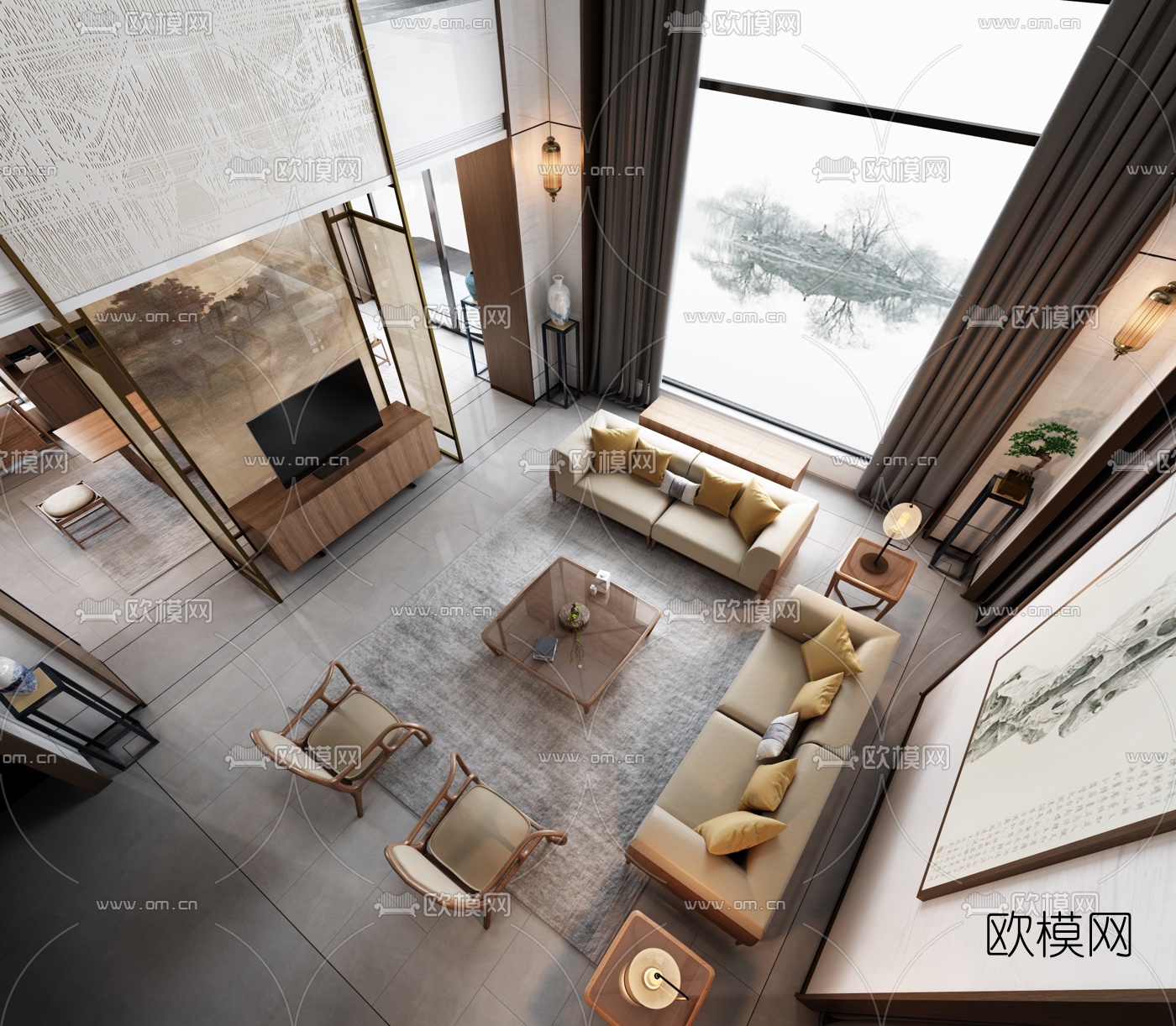 新中式别墅客厅书房3d模型