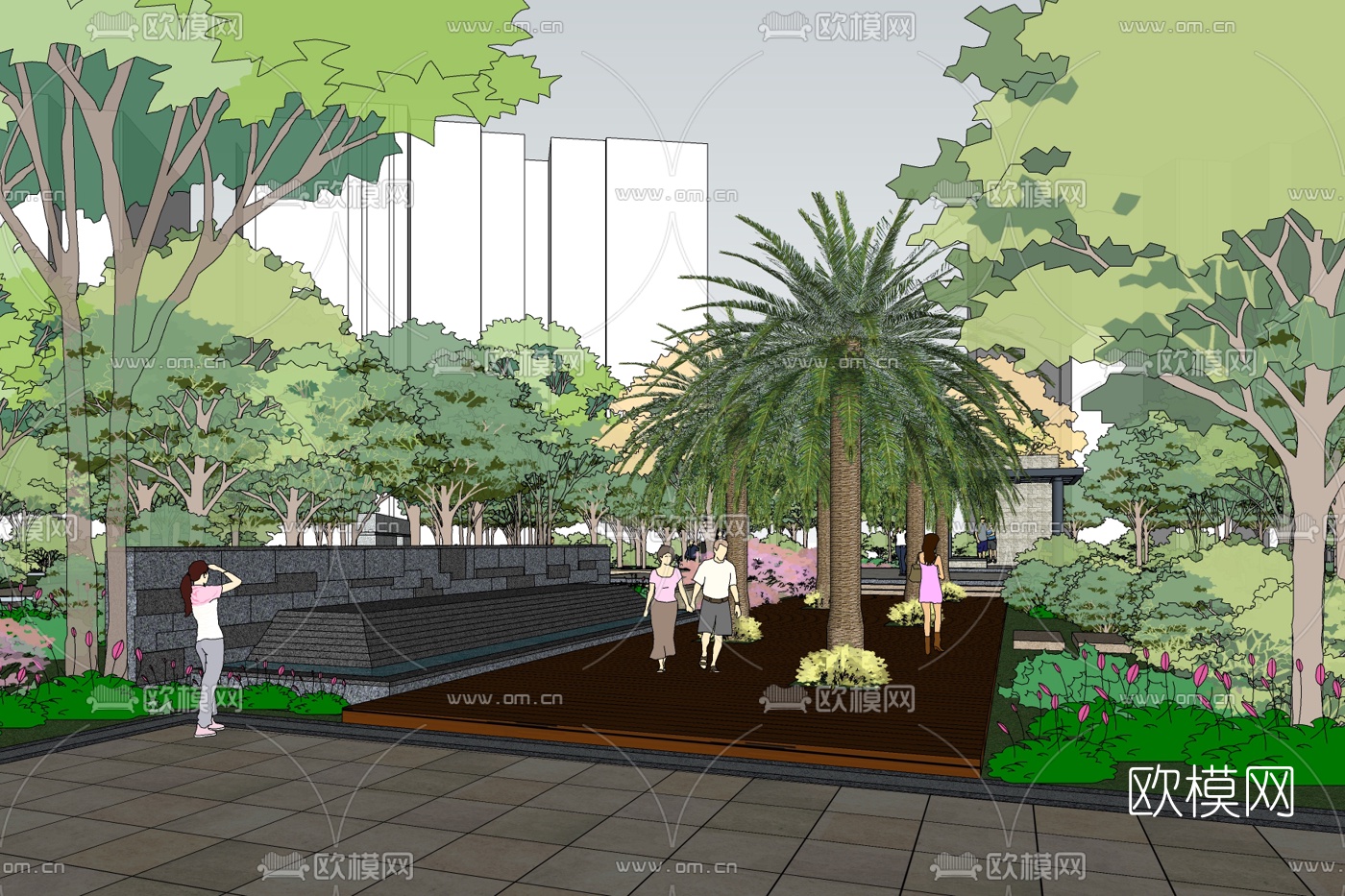 新中式小区景观免费su模型下载