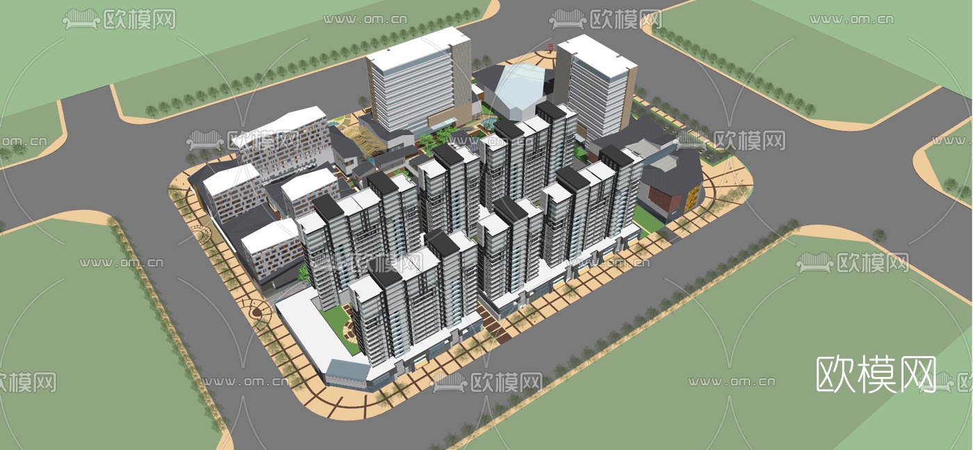 现代商业小区规划免费su模型下载（渲染图1）