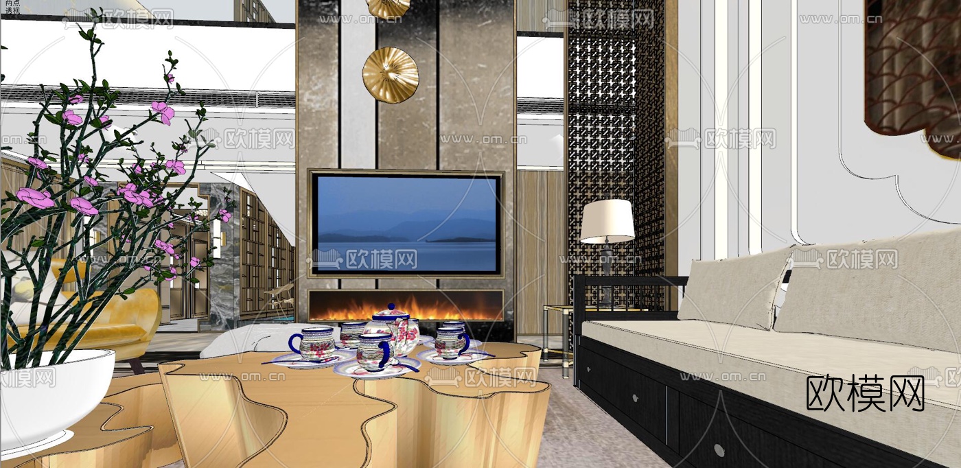 后现代轻奢别墅客厅餐厅su模型下载（渲染图4）