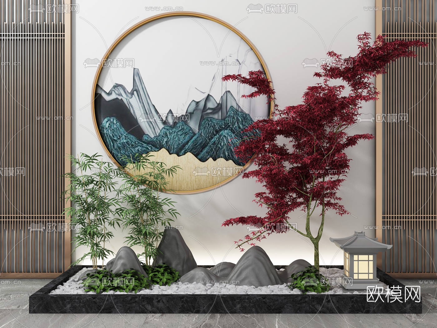 新中式红枫山石园艺小品3d模型下载