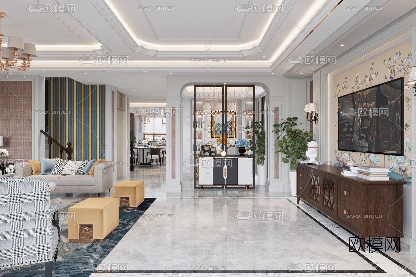 欧式别墅客厅餐厅3d模型下载（渲染图7）